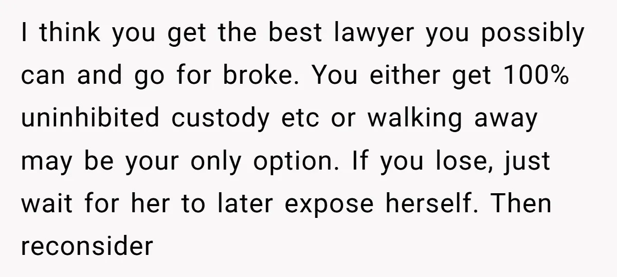 I think you get the best lawyer you possibly can and go for broke. You either get 100% uninhibited custody etc or walking away may be your only option. If...