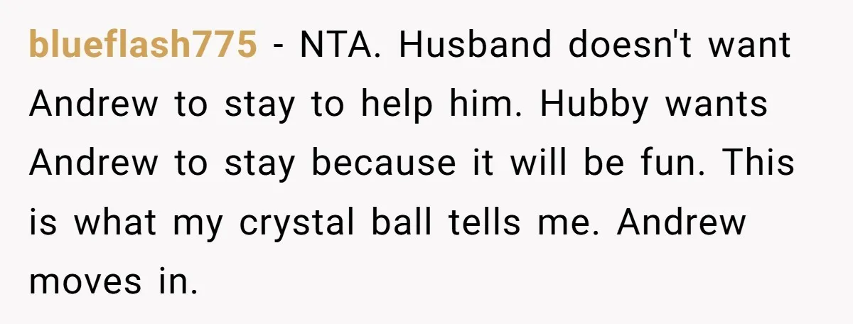 blueflash775 − NTA. Husband doesn't want Andrew to stay to help him. Hubby wants Andrew to stay because it will be fun. This is what my crystal ball tells me....