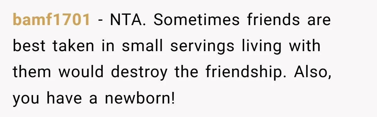 bamf1701 − NTA. Sometimes friends are best taken in small servings living with them would destroy the friendship. Also, you have a newborn!