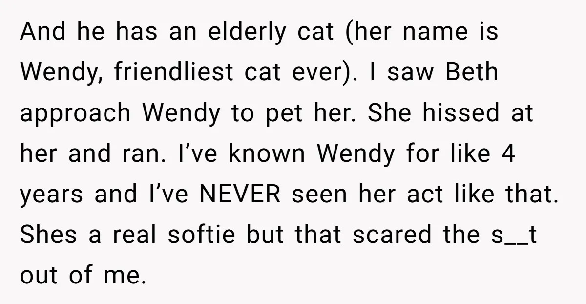 And he has an elderly cat (her name is Wendy, friendliest cat ever). I saw Beth approach Wendy to pet her. She hissed at her and ran. I’ve known Wendy...