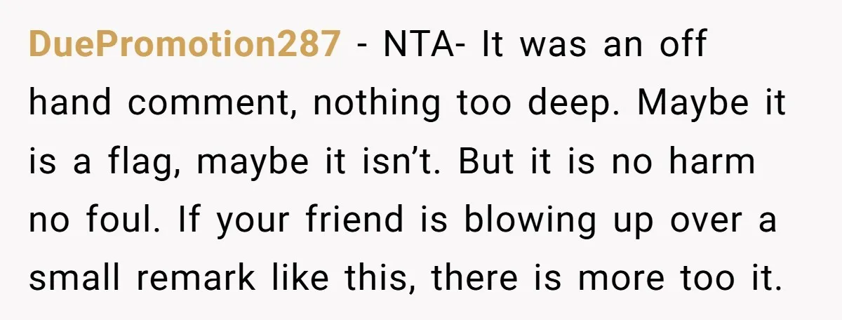DuePromotion287 − NTA- It was an off hand comment, nothing too deep. Maybe it is a flag, maybe it isn’t. But it is no harm no foul. If your friend...