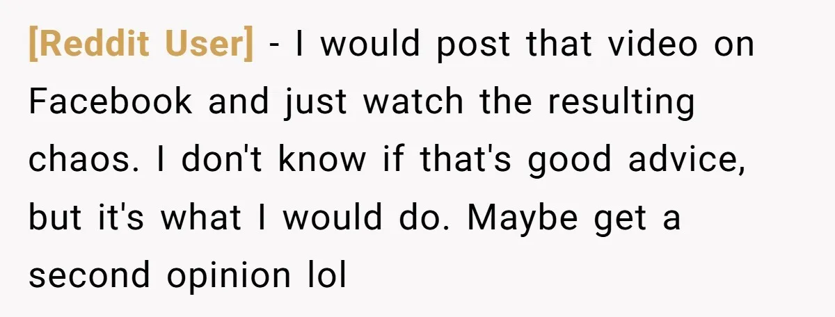 [Reddit User] − I would post that video on Facebook and just watch the resulting chaos. I don't know if that's good advice, but it's what I would do. Maybe...