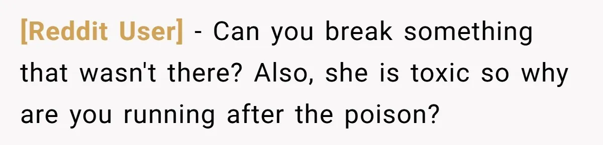 [Reddit User] − Can you break something that wasn't there? Also, she is toxic so why are you running after the poison?