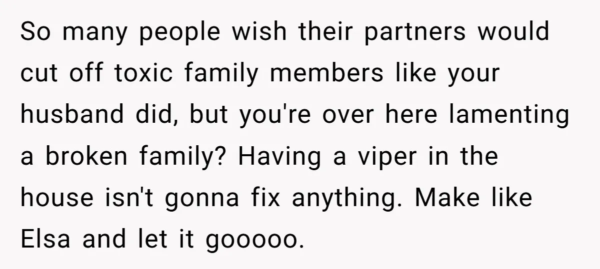 So many people wish their partners would cut off toxic family members like your husband did, but you're over here lamenting a broken family? Having a viper in the house...