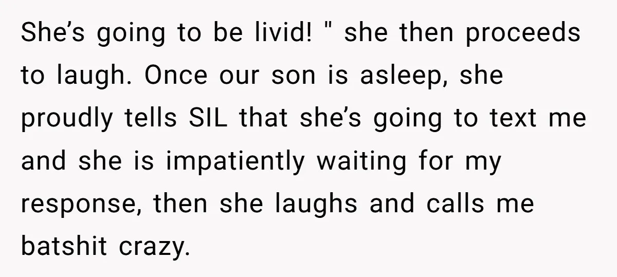 She’s going to be livid! '' she then proceeds to laugh. Once our son is asleep, she proudly tells SIL that she’s going to text me and she is impatiently...