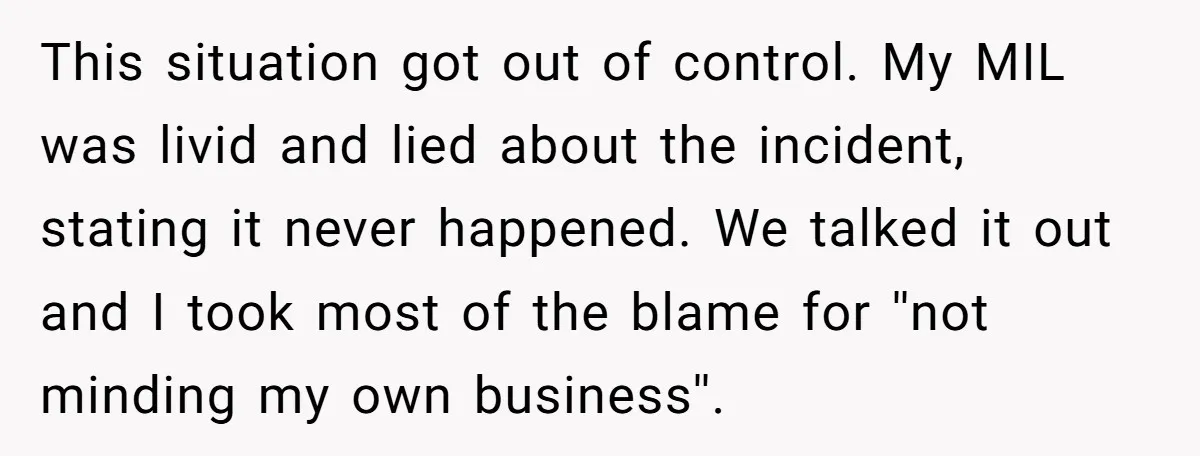 This situation got out of control. My MIL was livid and lied about the incident, stating it never happened. We talked it out and I took most of the blame...