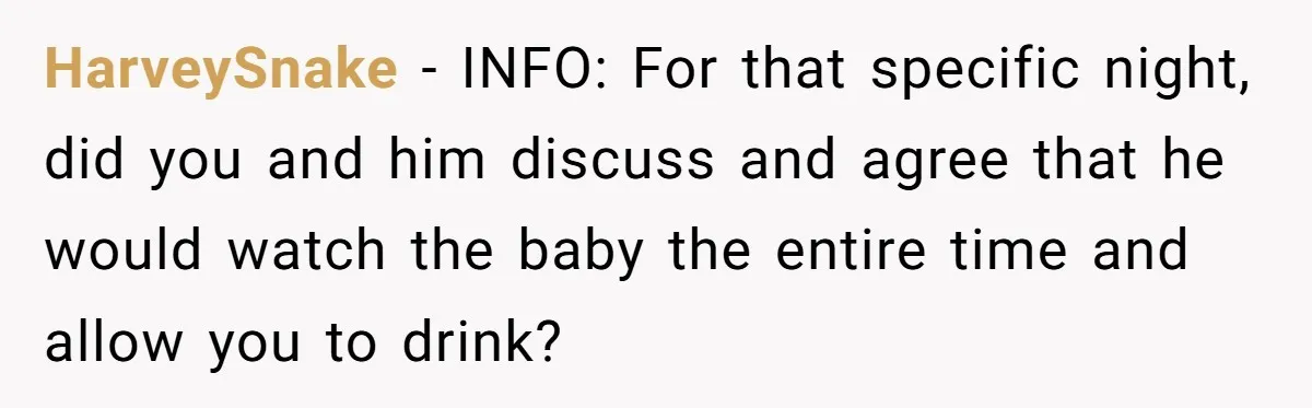 HarveySnake − INFO: For that specific night, did you and him discuss and agree that he would watch the baby the entire time and allow you to drink?