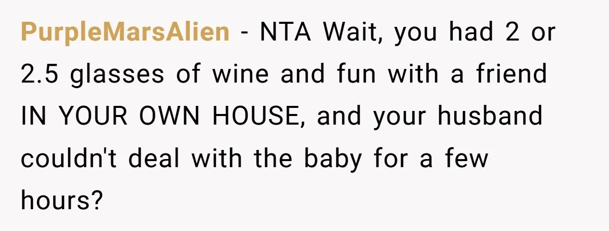 PurpleMarsAlien − NTA Wait, you had 2 or 2.5 glasses of wine and fun with a friend IN YOUR OWN HOUSE, and your husband couldn't deal with the baby for...