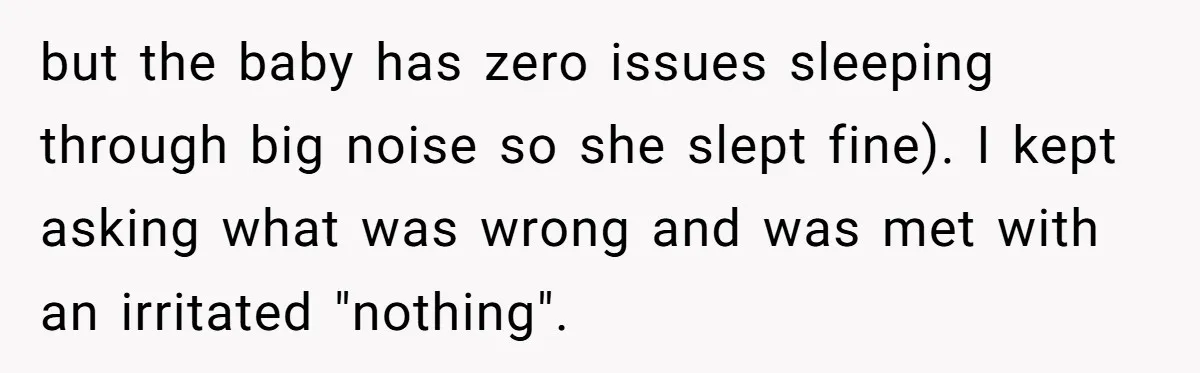 but the baby has zero issues sleeping through big noise so she slept fine). I kept asking what was wrong and was met with an irritated "nothing".
