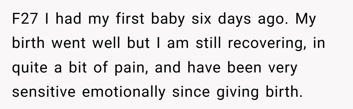 F27 I had my first baby six days ago. My birth went well but I am still recovering, in quite a bit of pain, and have been very sensitive emotionally...
