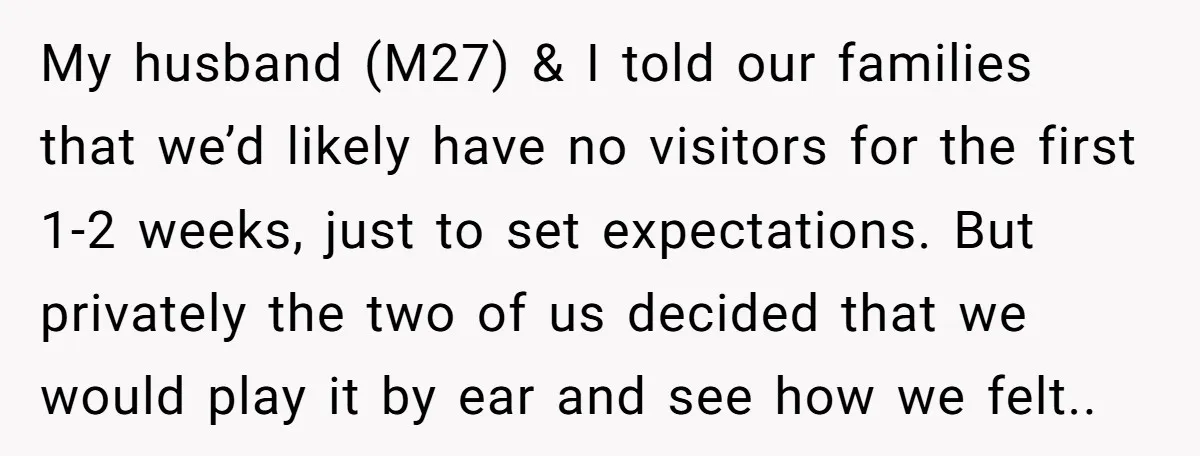 My husband (M27) & I told our families that we’d likely have no visitors for the first 1-2 weeks, just to set expectations. But privately the two of us decided...