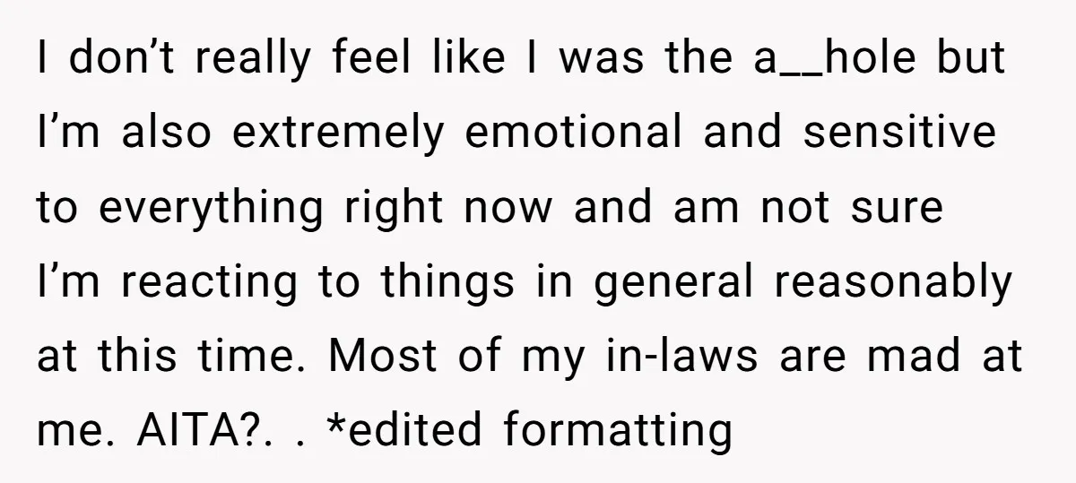 I don’t really feel like I was the a__hole but I’m also extremely emotional and sensitive to everything right now and am not sure I’m reacting to things in general...