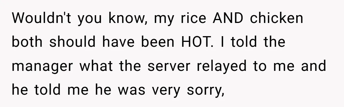 Wouldn't you know, my rice AND chicken both should have been HOT. I told the manager what the server relayed to me and he told me he was very sorry,