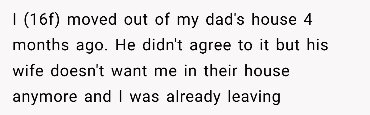 I (16f) moved out of my dad's house 4 months ago. He didn't agree to it but his wife doesn't want me in their house anymore and I was already...