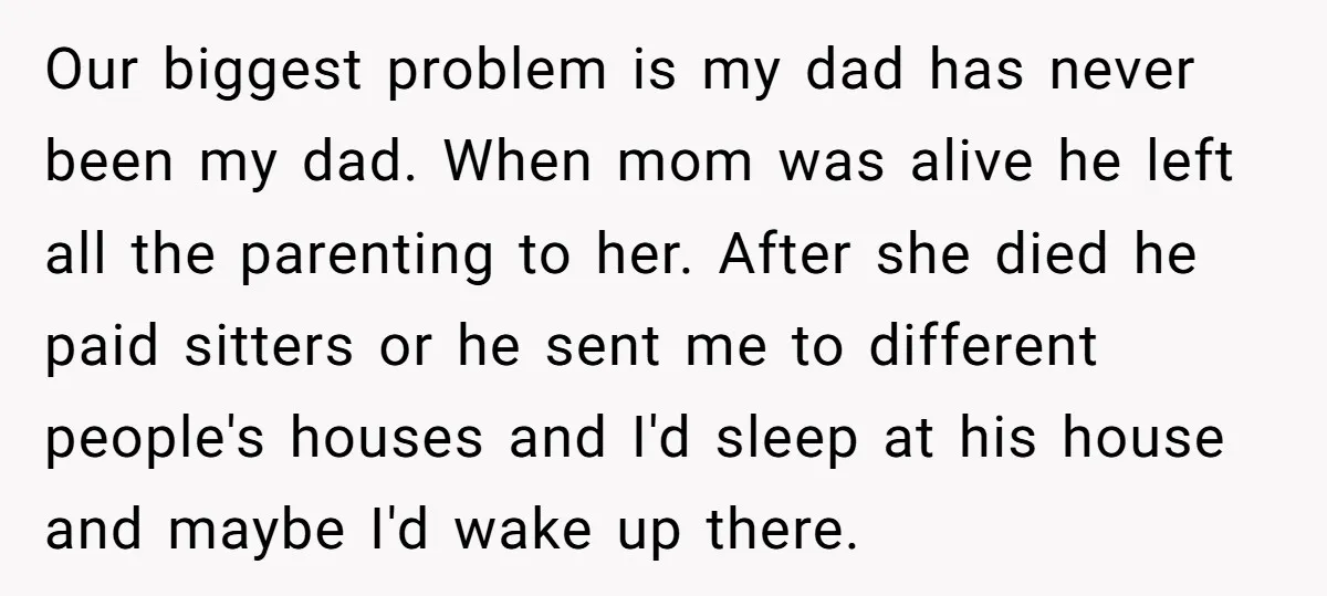Our biggest problem is my dad has never been my dad. When mom was alive he left all the parenting to her. After she died he paid sitters or he...
