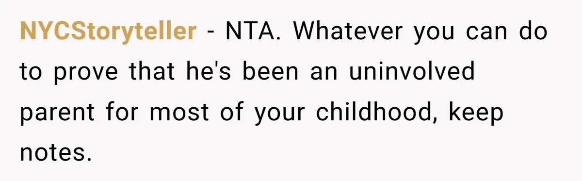 NYCStoryteller − NTA. Whatever you can do to prove that he's been an uninvolved parent for most of your childhood, keep notes.