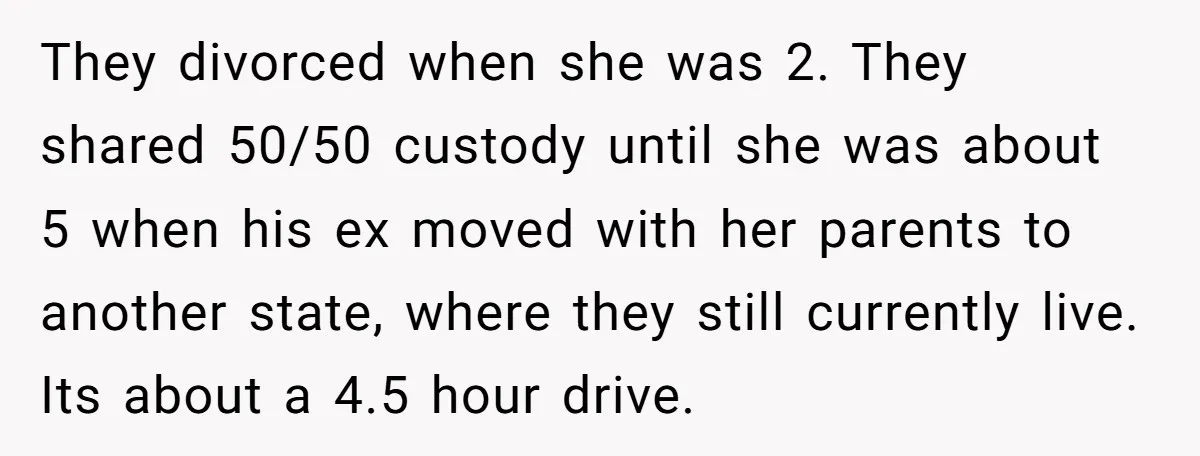 They divorced when she was 2. They shared 50/50 custody until she was about 5 when his ex moved with her parents to another state, where they still currently live....