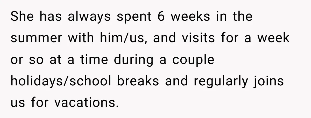 She has always spent 6 weeks in the summer with him/us, and visits for a week or so at a time during a couple holidays/school breaks and regularly joins us...