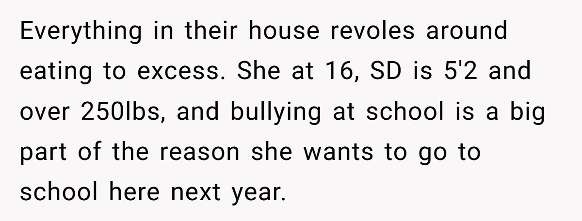 Everything in their house revoles around eating to excess. She at 16, SD is 5'2 and over 250lbs, and bullying at school is a big part of the reason she...
