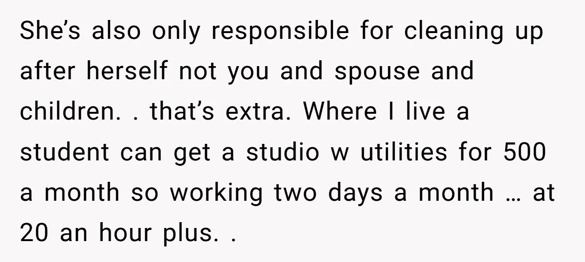 She’s also only responsible for cleaning up after herself not you and spouse and children. . that’s extra. Where I live a student can get a studio w utilities for...