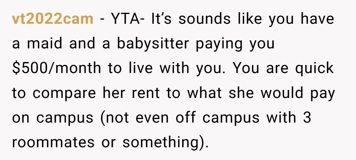 vt2022cam − YTA- It’s sounds like you have a maid and a babysitter paying you $500/month to live with you. You are quick to compare her rent to what she...
