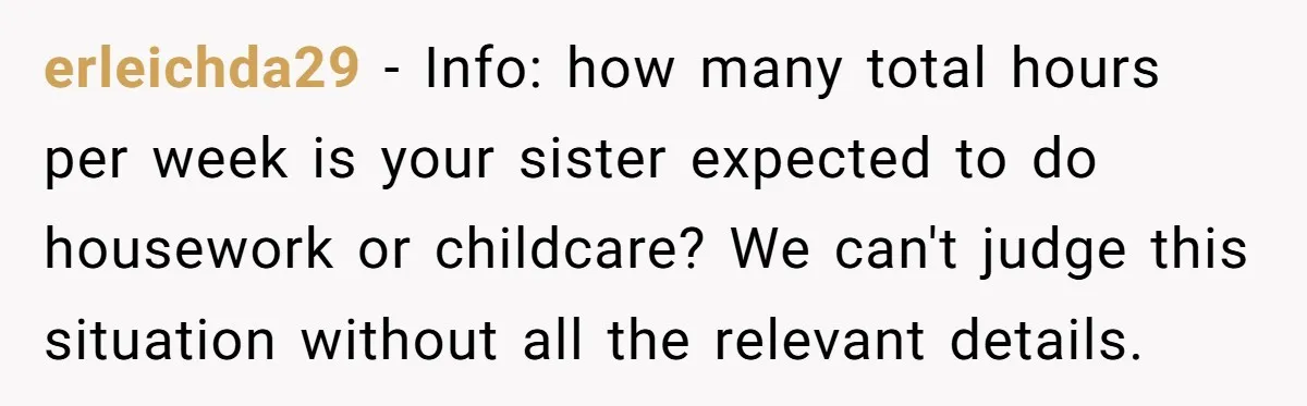 erleichda29 − Info: how many total hours per week is your sister expected to do housework or childcare? We can't judge this situation without all the relevant details.