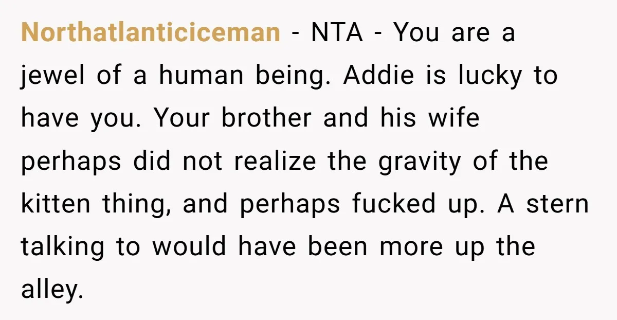 Northatlanticiceman − NTA - You are a jewel of a human being. Addie is lucky to have you. Your brother and his wife perhaps did not realize the gravity of...