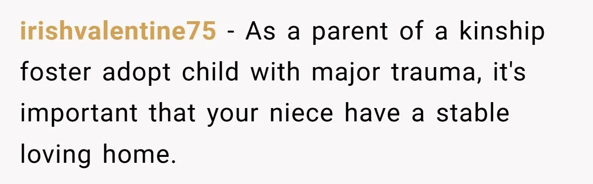irishvalentine75 − As a parent of a kinship foster adopt child with major trauma, it's important that your niece have a stable loving home.