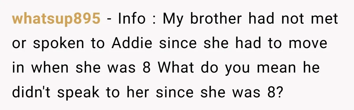 whatsup895 − Info : My brother had not met or spoken to Addie since she had to move in when she was 8 What do you mean he didn't speak...