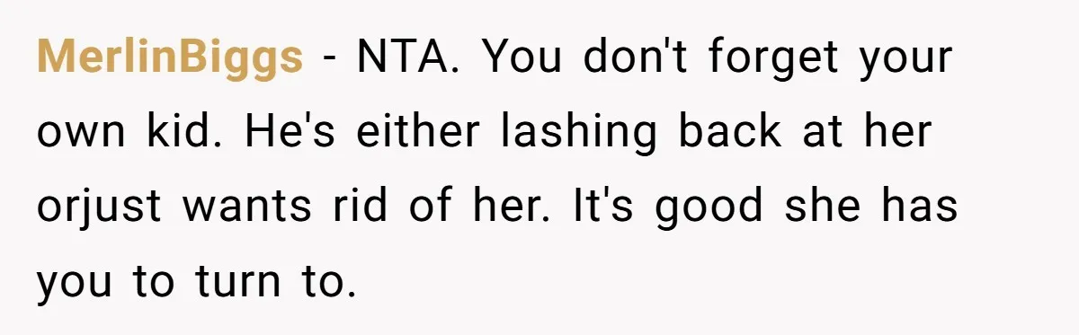 MerlinBiggs − NTA. You don't forget your own kid. He's either lashing back at her orjust wants rid of her. It's good she has you to turn to.