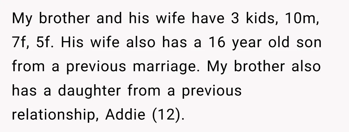 My brother and his wife have 3 kids, 10m, 7f, 5f. His wife also has a 16 year old son from a previous marriage. My brother also has a daughter...