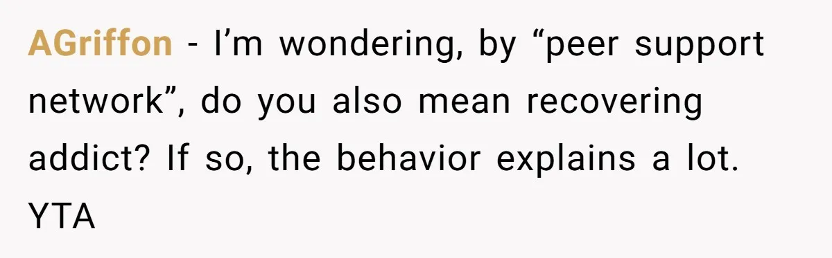 AGriffon − I’m wondering, by “peer support network”, do you also mean recovering addict? If so, the behavior explains a lot. YTA