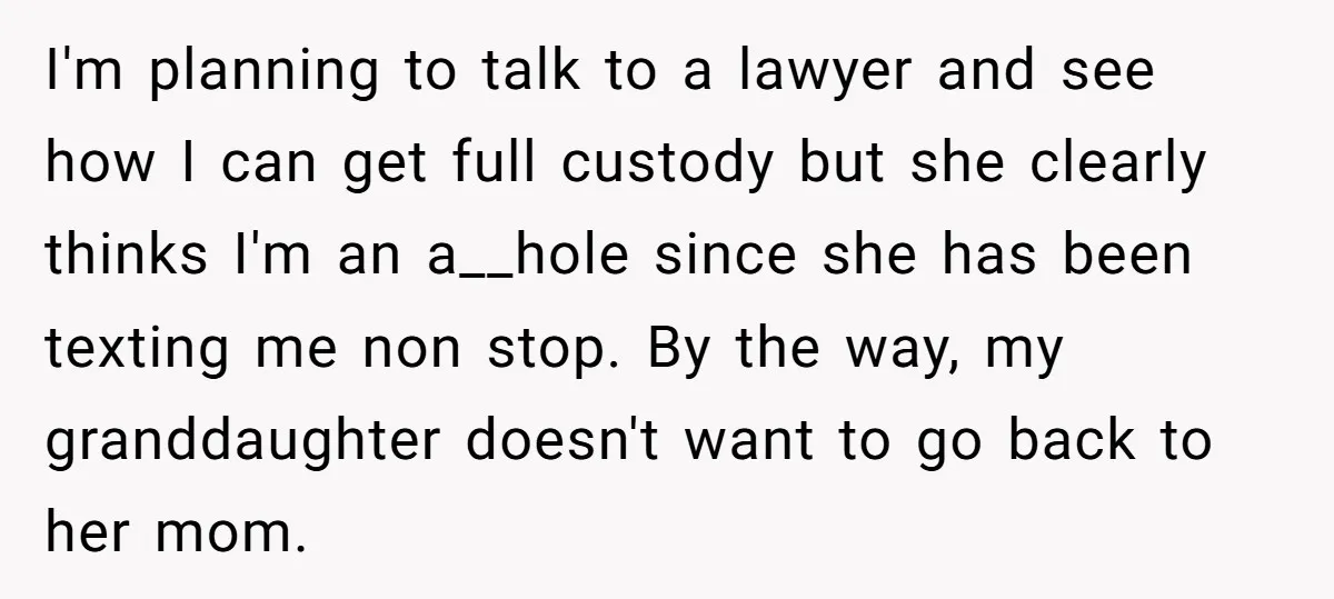 I'm planning to talk to a lawyer and see how I can get full custody but she clearly thinks I'm an a__hole since she has been texting me non stop....