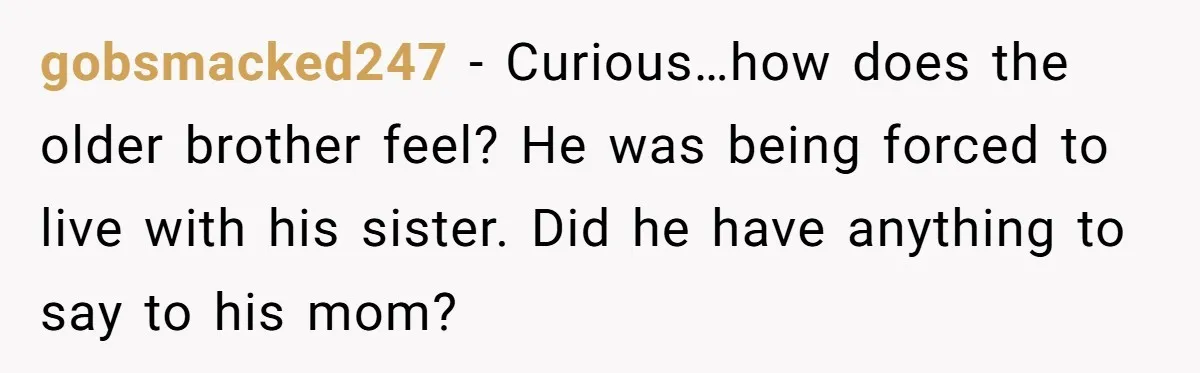 gobsmacked247 − Curious…how does the older brother feel? He was being forced to live with his sister. Did he have anything to say to his mom?