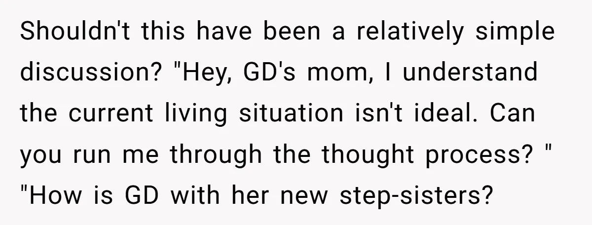 Shouldn't this have been a relatively simple discussion? "Hey, GD's mom, I understand the current living situation isn't ideal. Can you run me through the thought process? " "How is...