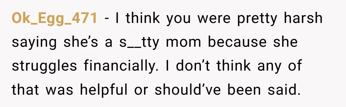 Ok_Egg_471 − I think you were pretty harsh saying she’s a s__tty mom because she struggles financially. I don’t think any of that was helpful or should’ve been said.