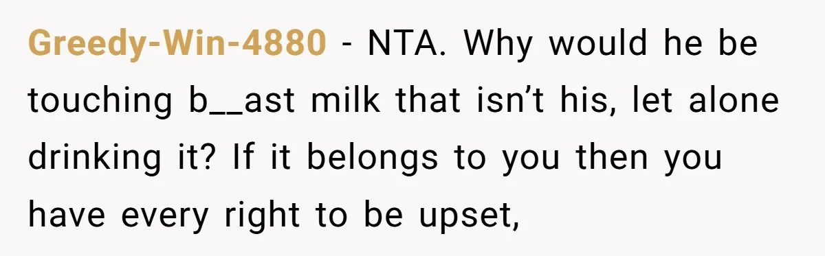 Greedy-Win-4880 − NTA. Why would he be touching b__ast milk that isn’t his, let alone drinking it? If it belongs to you then you have every right to be upset,