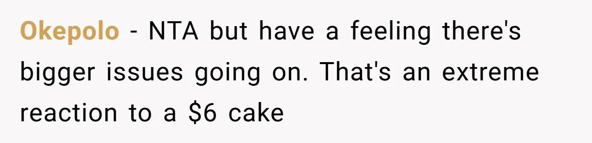 Okepolo − NTA but have a feeling there's bigger issues going on. That's an extreme reaction to a $6 cake