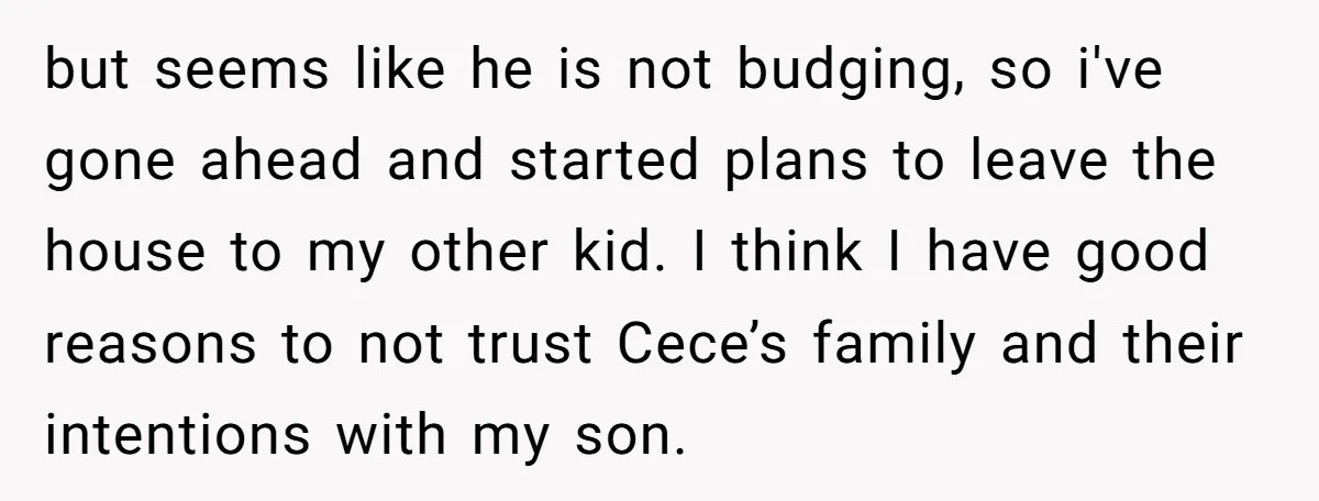 but seems like he is not budging, so i've gone ahead and started plans to leave the house to my other kid. I think I have good reasons to not...