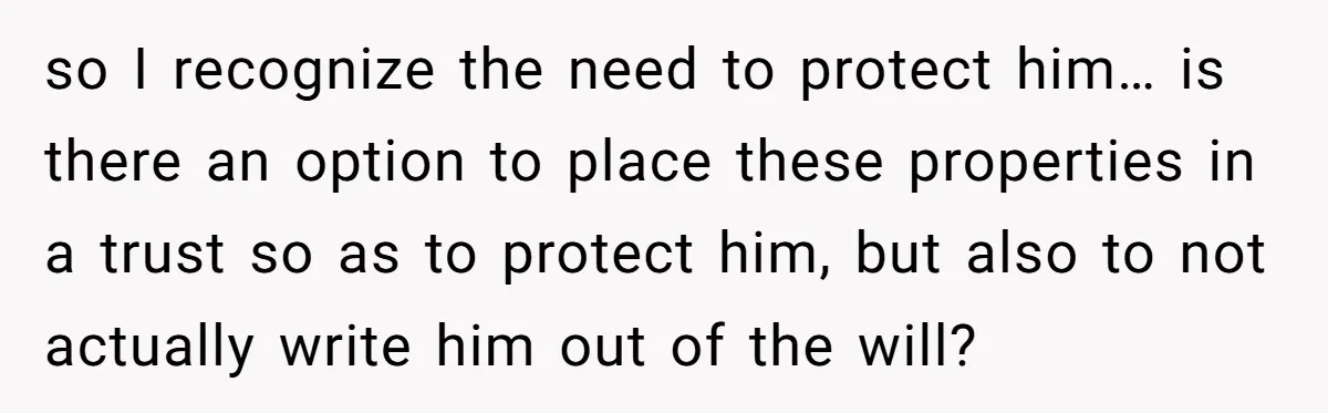 so I recognize the need to protect him… is there an option to place these properties in a trust so as to protect him, but also to not actually write...