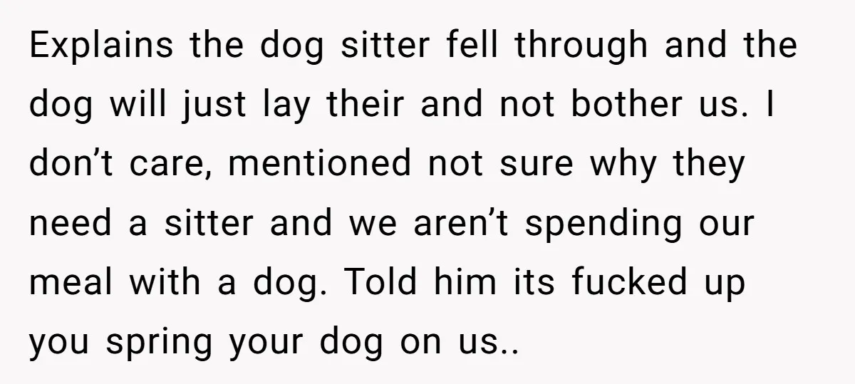 Explains the dog sitter fell through and the dog will just lay their and not bother us. I don’t care, mentioned not sure why they need a sitter and we...