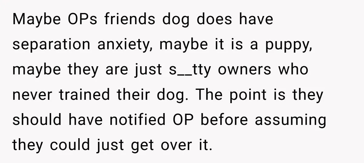 Maybe OPs friends dog does have separation anxiety, maybe it is a puppy, maybe they are just s__tty owners who never trained their dog. The point is they should have...