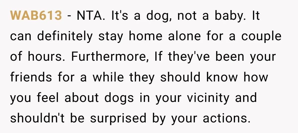 WAB613 − NTA. It's a dog, not a baby. It can definitely stay home alone for a couple of hours. Furthermore, If they've been your friends for a while they...