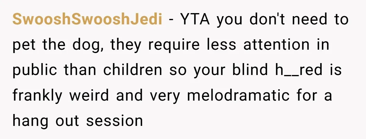 SwooshSwooshJedi − YTA you don't need to pet the dog, they require less attention in public than children so your blind h__red is frankly weird and very melodramatic for a...
