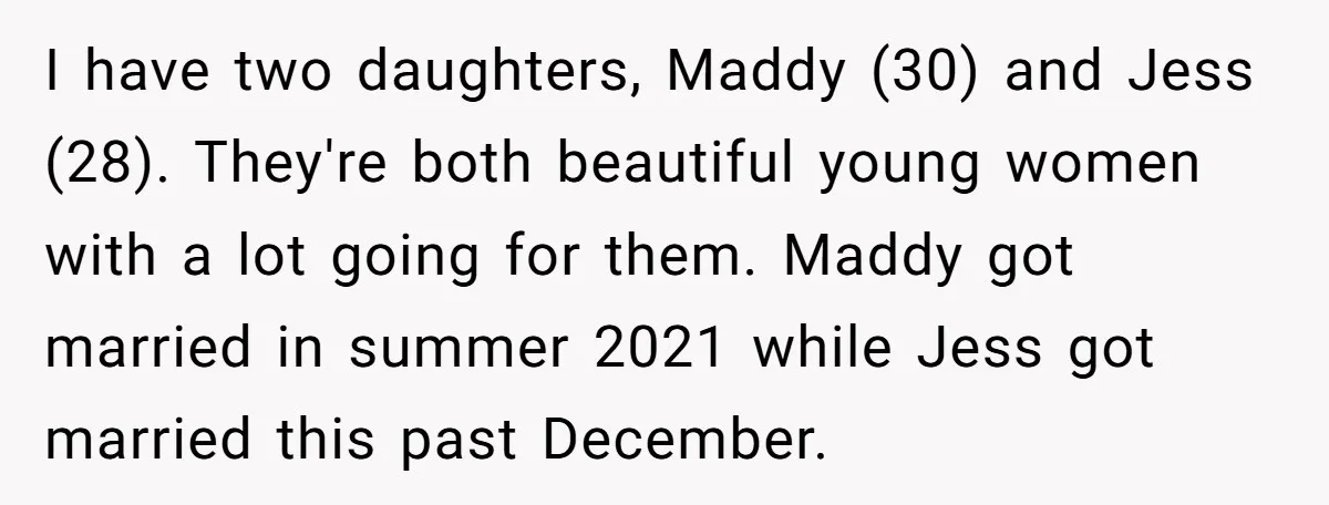 I have two daughters, Maddy (30) and Jess (28). They're both beautiful young women with a lot going for them. Maddy got married in summer 2021 while Jess got married...
