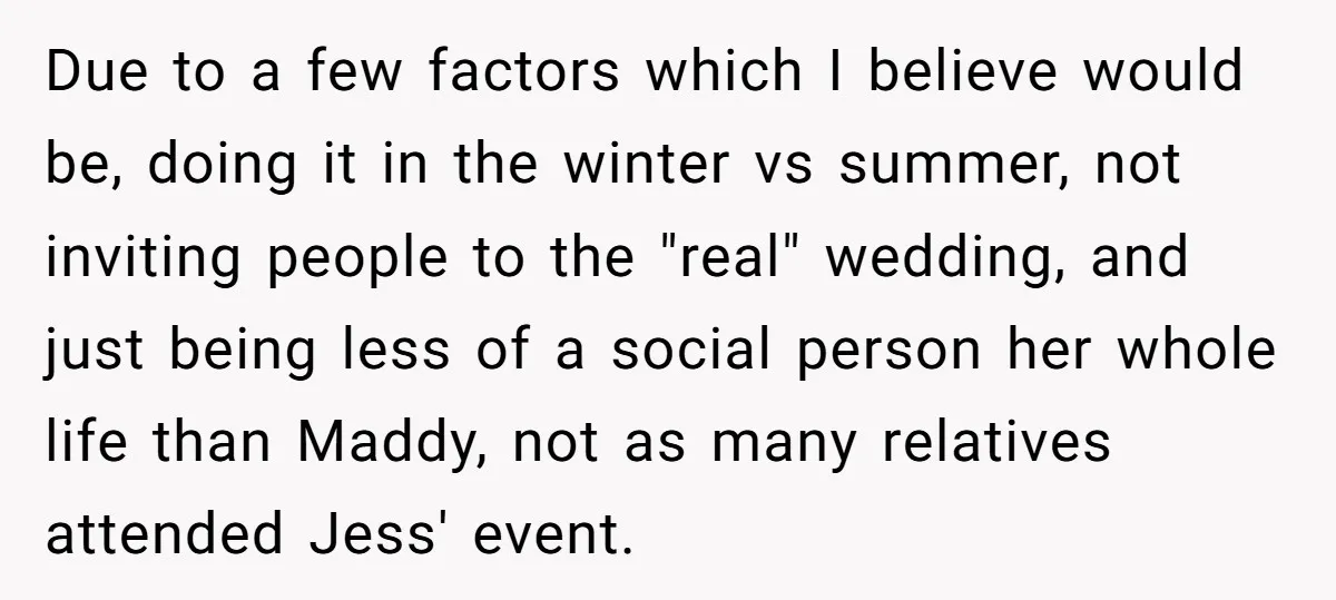 Due to a few factors which I believe would be, doing it in the winter vs summer, not inviting people to the "real" wedding, and just being less of a...