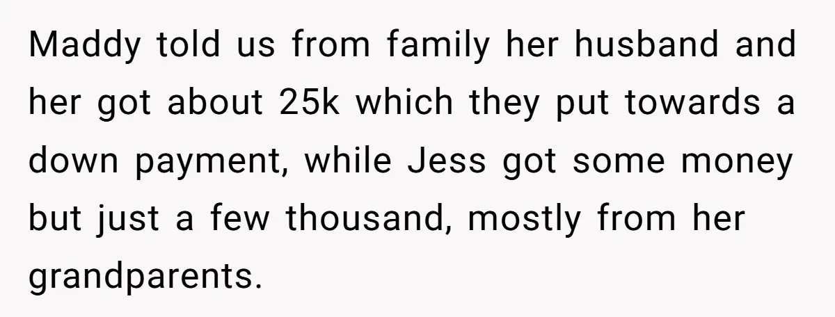 Maddy told us from family her husband and her got about 25k which they put towards a down payment, while Jess got some money but just a few thousand, mostly...