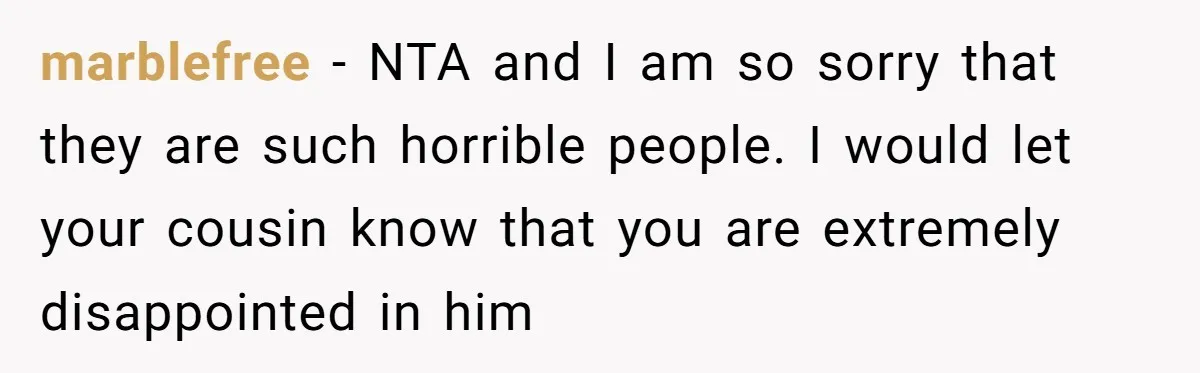 marblefree − NTA and I am so sorry that they are such horrible people. I would let your cousin know that you are extremely disappointed in him