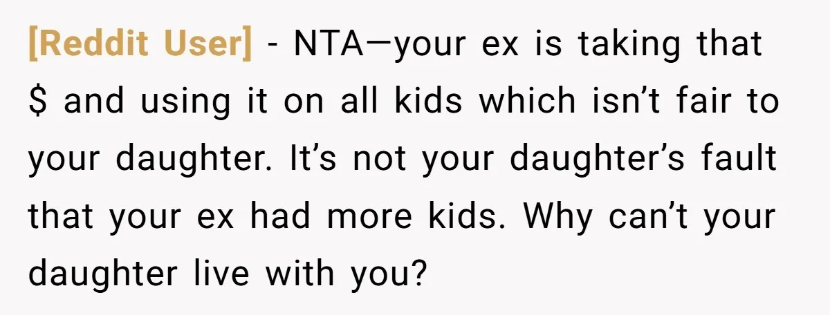 [Reddit User] − NTA—your ex is taking that $ and using it on all kids which isn’t fair to your daughter. It’s not your daughter’s fault that your ex had...