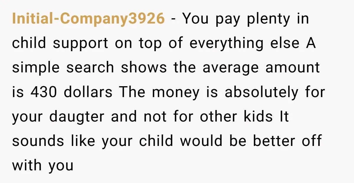 Initial-Company3926 − You pay plenty in child support on top of everything else A simple search shows the average amount is 430 dollars The money is absolutely for your daugter...